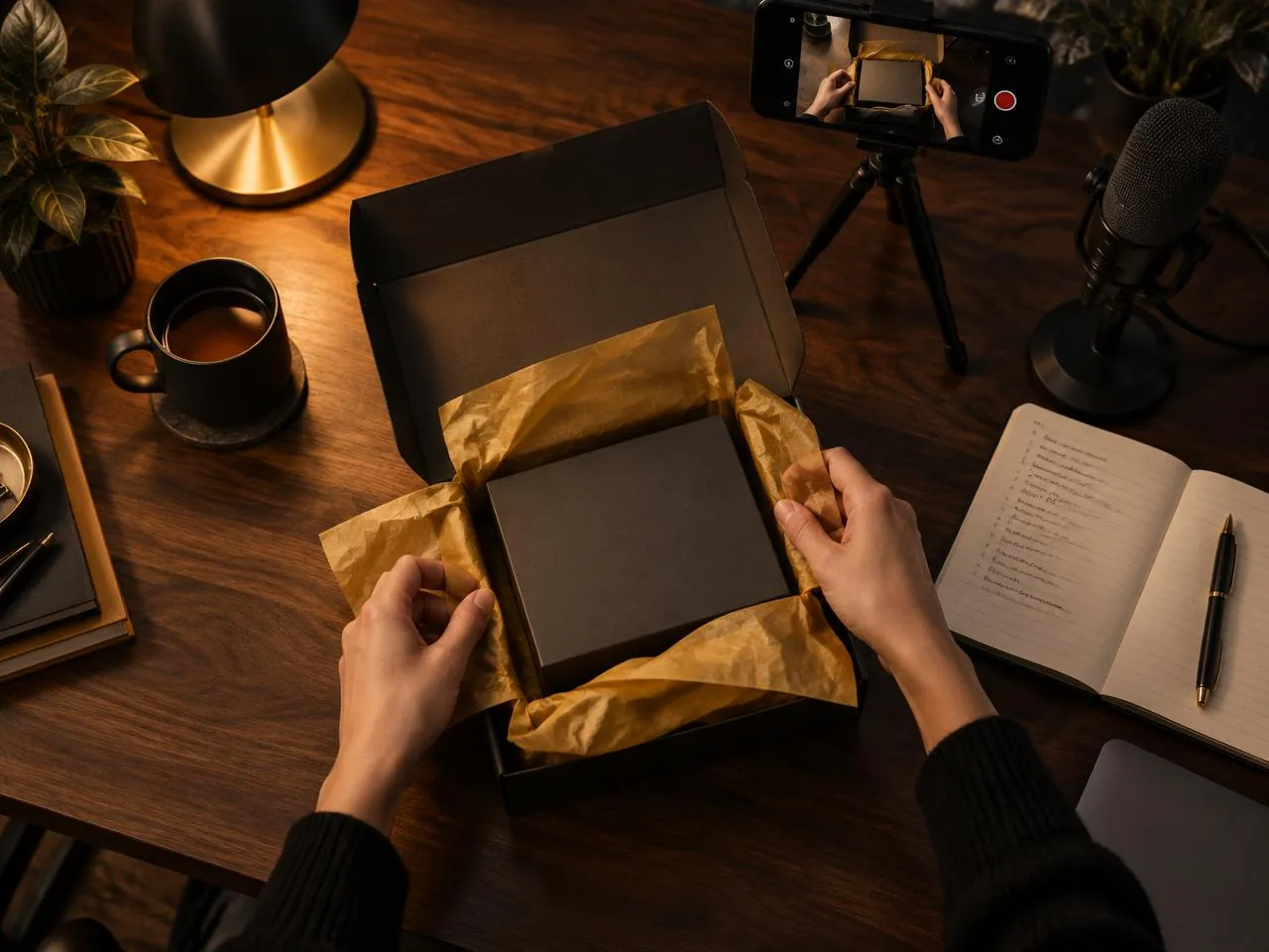 AI-generated overhead view of hands unboxing an unbranded charcoal box while a phone on a tripod films them