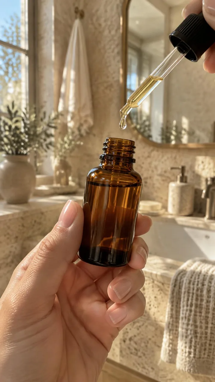AI-generated photoreal frame of the same shot: a hand holding an unlabeled amber dropper bottle as a drop falls