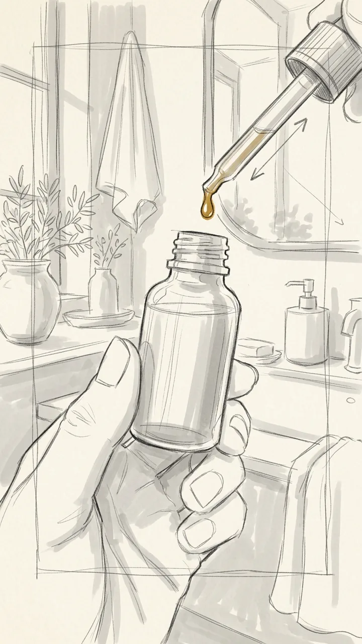 AI-generated pencil storyboard of a hand holding a dropper bottle in a bathroom