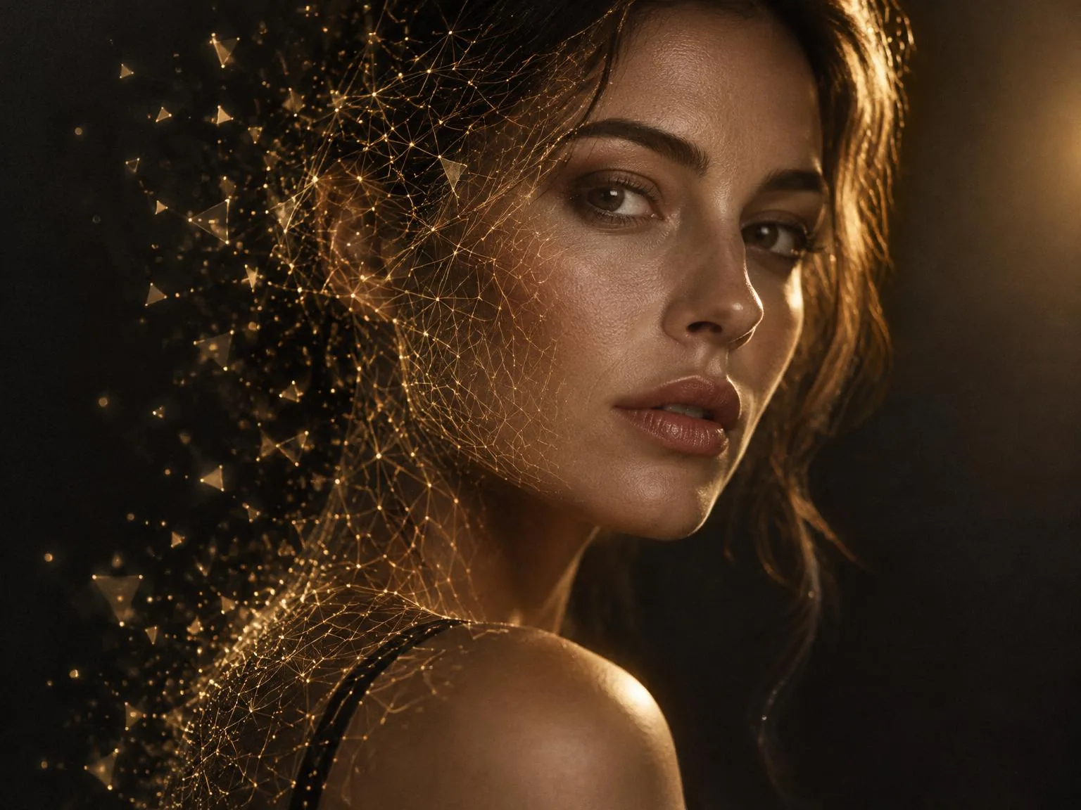 AI-generated portrait of a fictional woman, half of her face dissolving into a fine gold wireframe