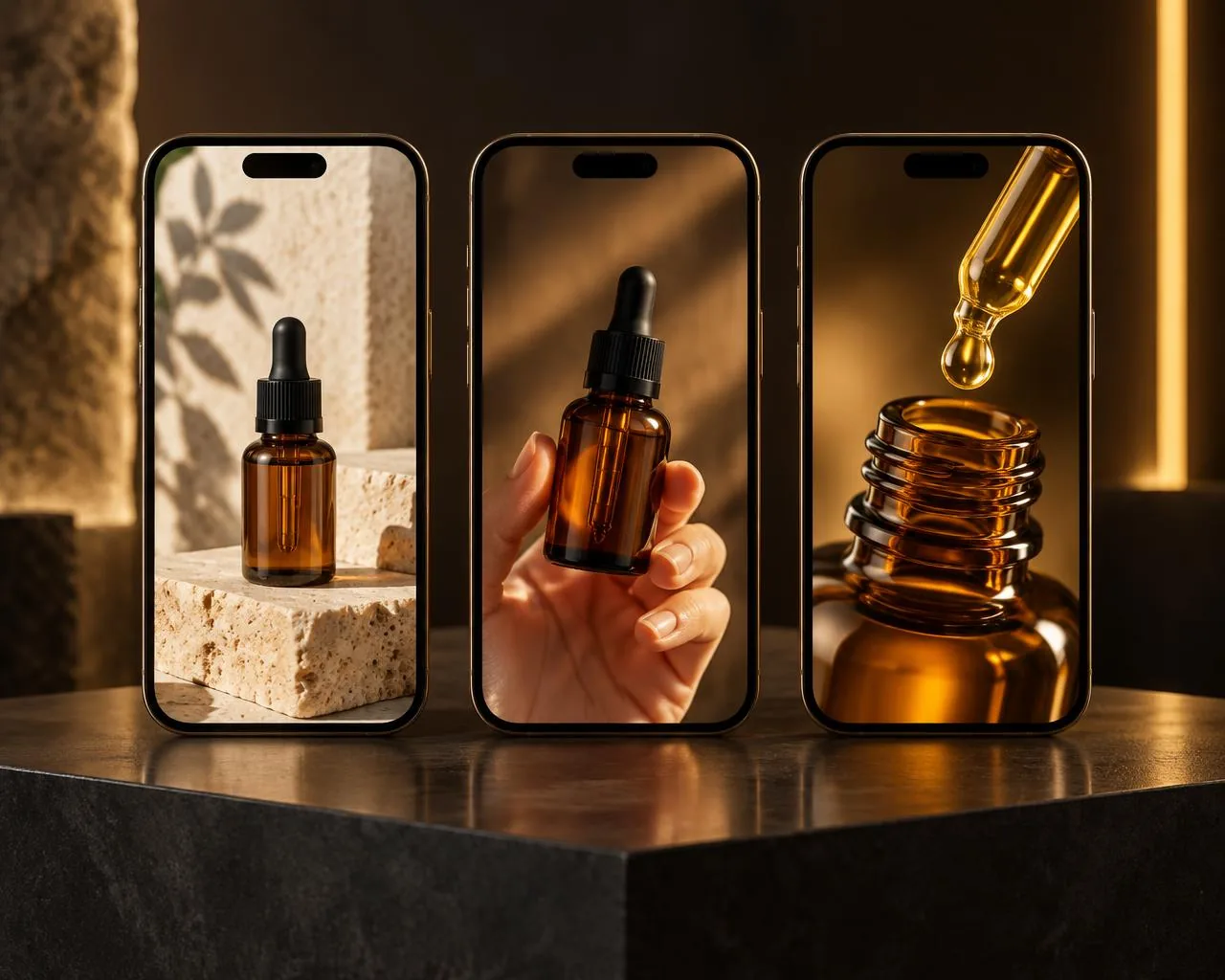 AI-generated image of three phones on a charcoal plinth, each showing a different shot of the same unlabeled amber dropper bottle