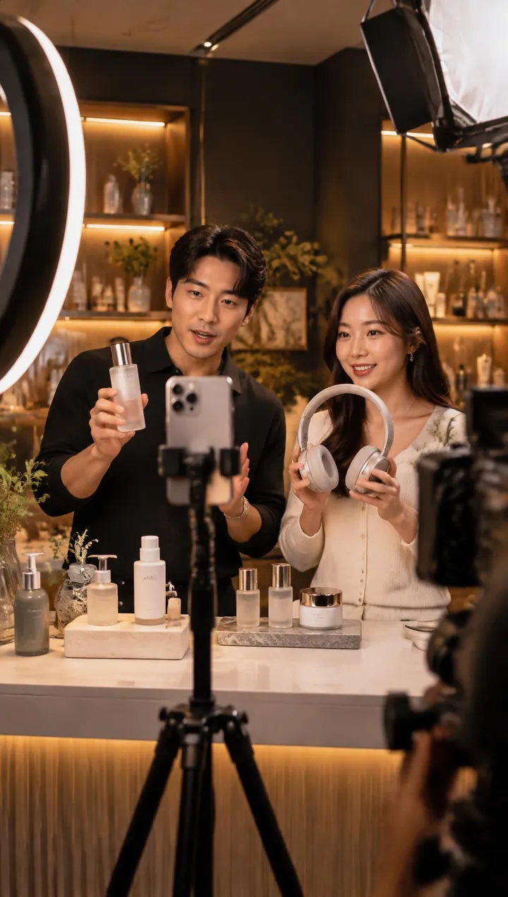 Two hosts presenting skincare and headphones to a phone on a tripod in a warmly lit livestream studio with ring lights