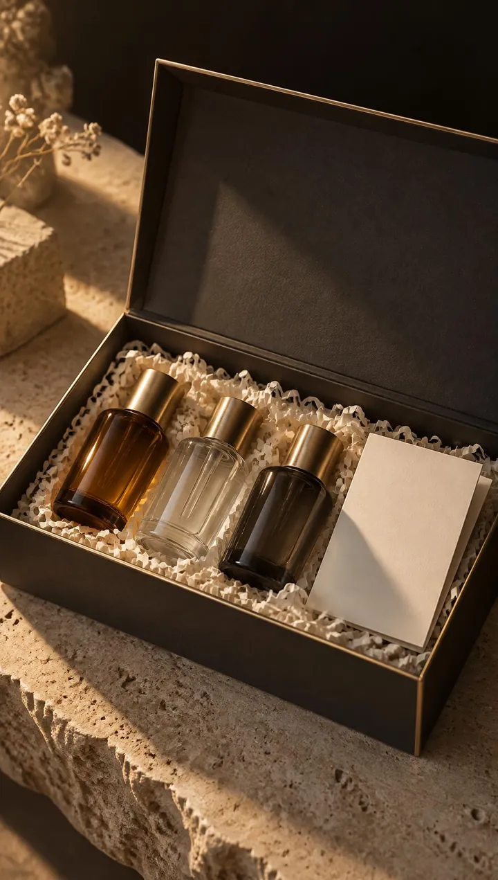 Open charcoal sample kit with a gold rim, holding three unlabeled glass skincare bottles on travertine stone