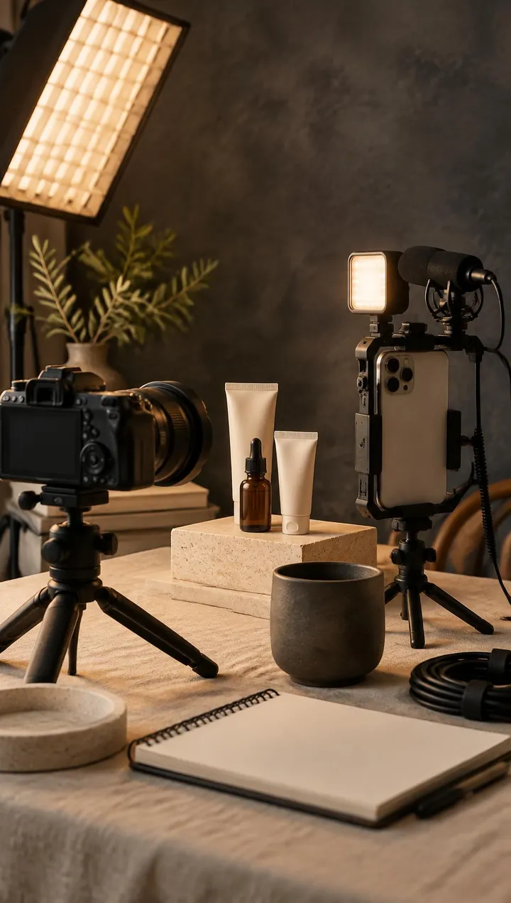 Creator production desk with a camera on a tripod, a phone video rig with light and microphone, and unbranded skincare props