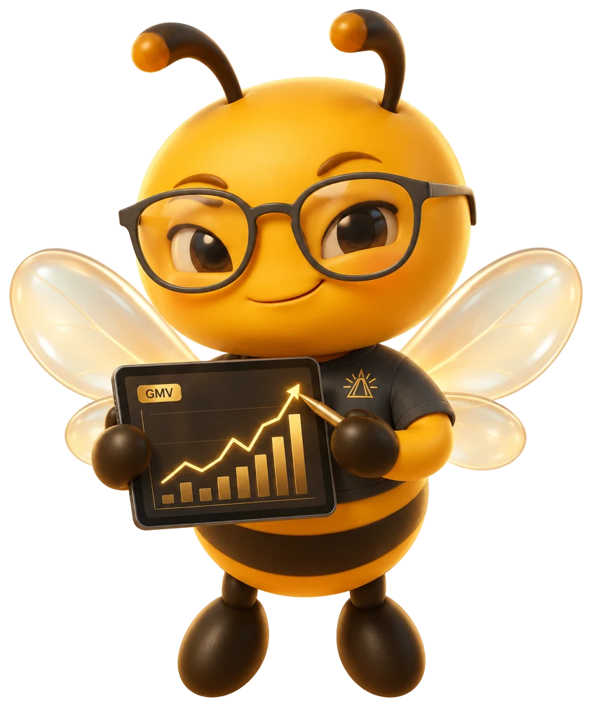 Beacon's Camera Bee as Commerce Strategist, facing forward, holding a tablet with a rising gold GMV chart and pointing a gold stylus at it