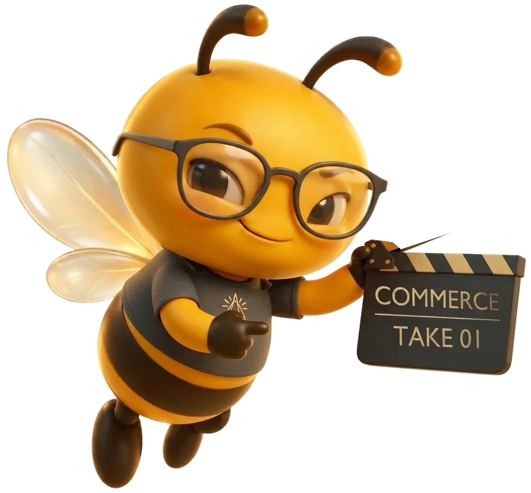 Beacon's Camera Bee as Creative Director, turned to the right, arm raised, holding a COMMERCE · TAKE 01 clapperboard