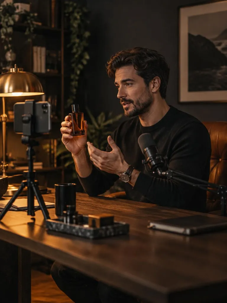 Illustrative creator filming a fragrance review at his desk