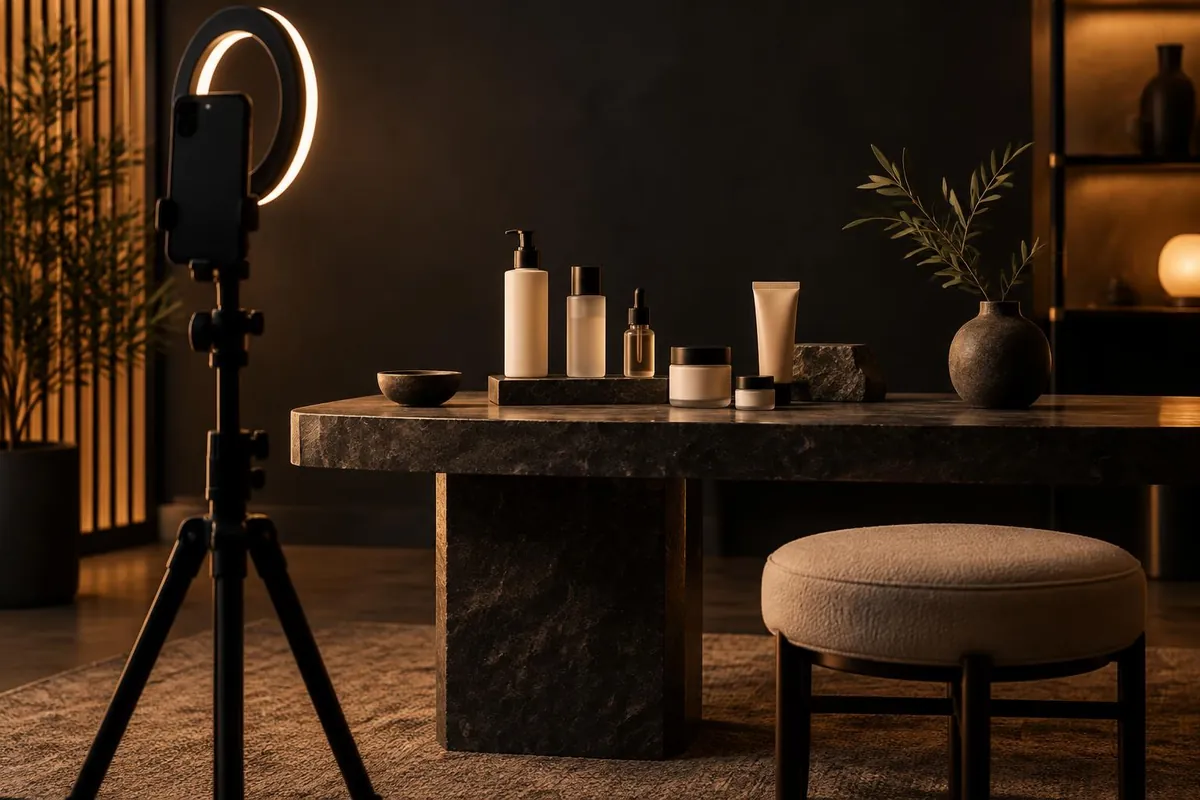 Illustrative LIVE shopping set: a phone and ring light facing styled beauty products