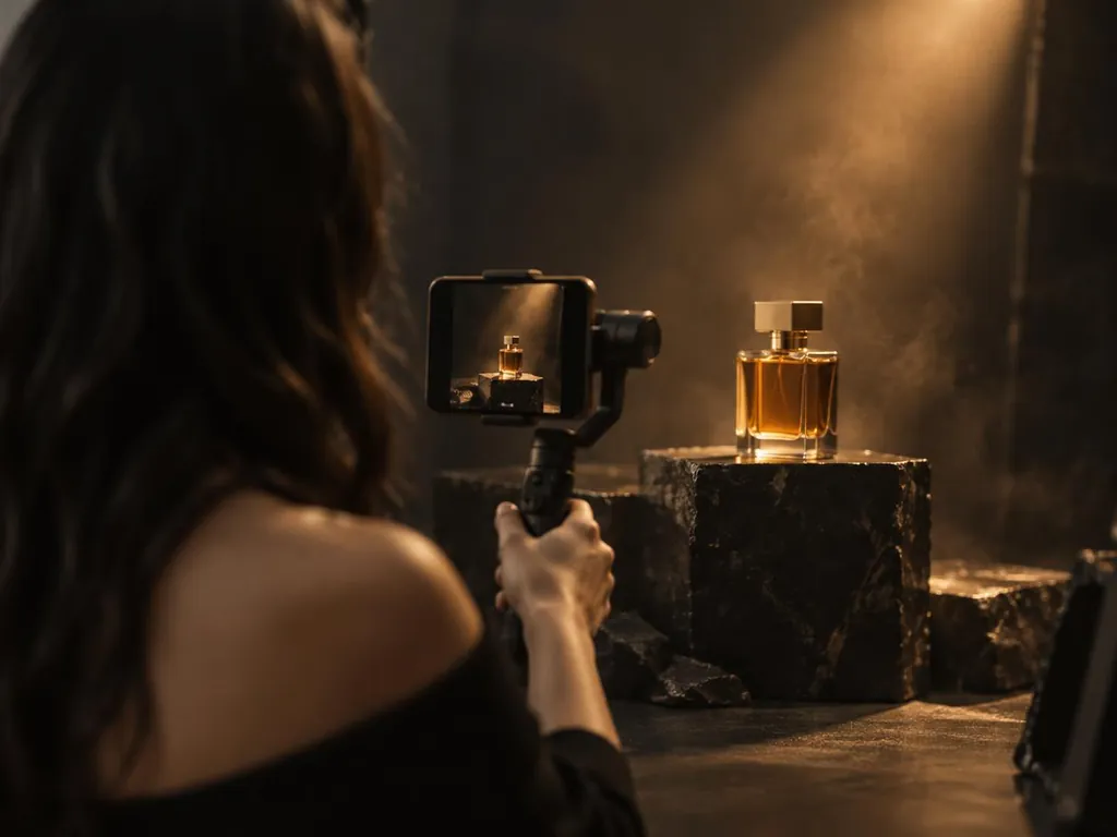 Illustrative creator filming a fragrance on a gimbal under a warm spotlight