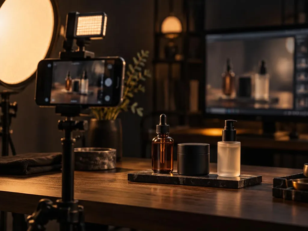 Illustrative LIVE shopping set with a phone rig and a product lineup