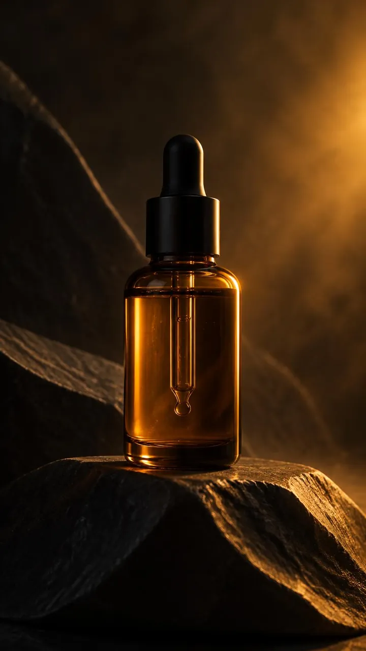 Illustrative amber skincare bottle on dark sculpted stone