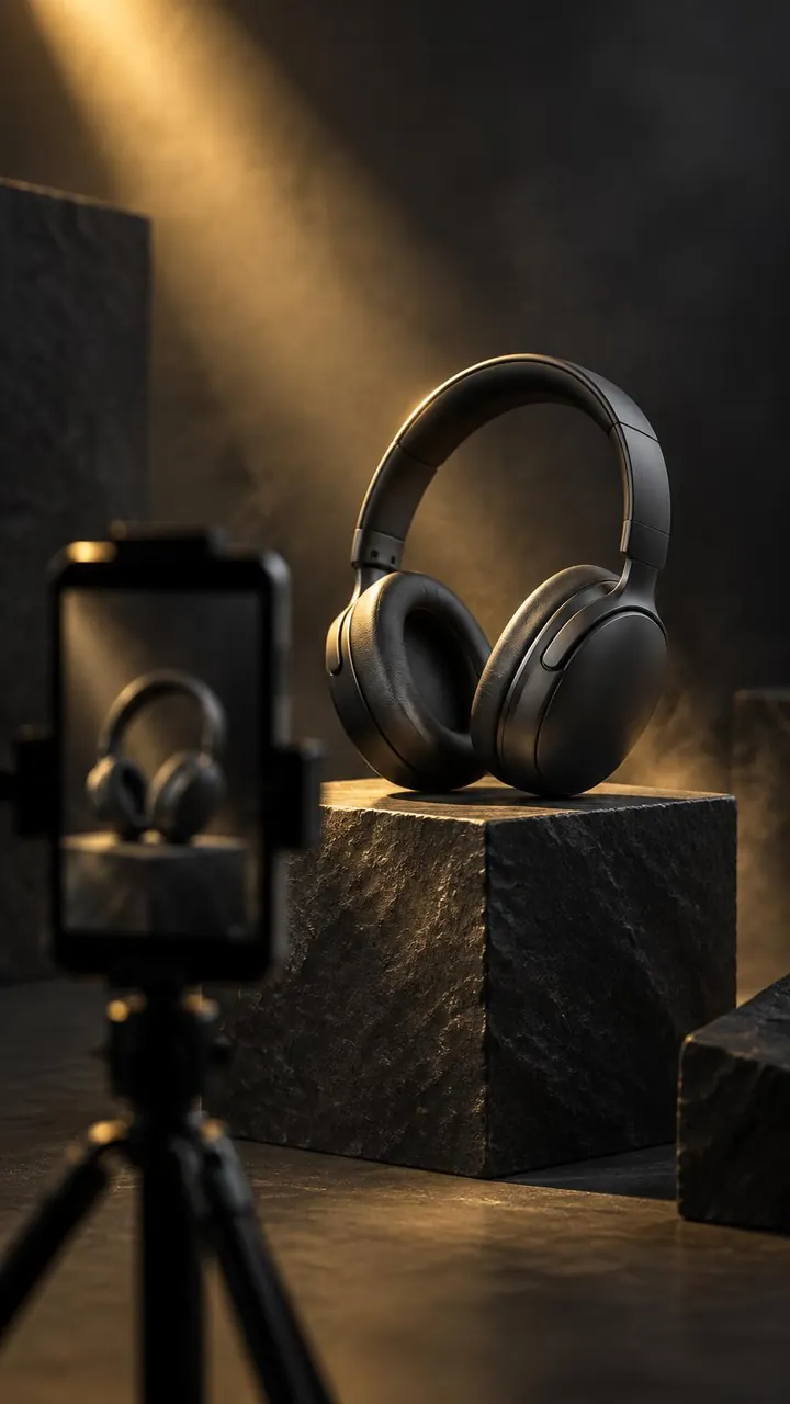 Illustrative headphones on a stone plinth, filmed by a phone on a tripod