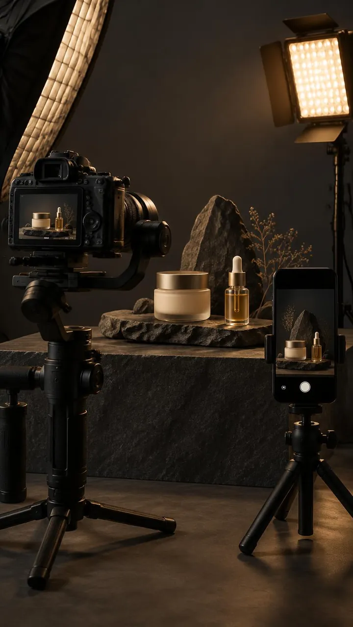 Illustrative studio with a camera and phone filming skincare products