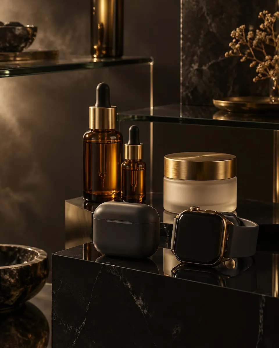 Unbranded skincare bottles, an earbud case and a smartwatch on dark glass shelves under warm gold light