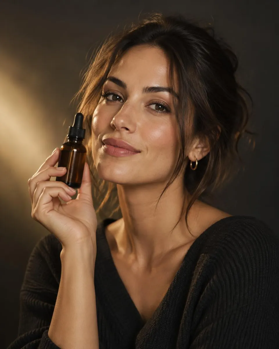 Creator in a charcoal knit holding an unlabeled amber skincare bottle in warm honey-gold light