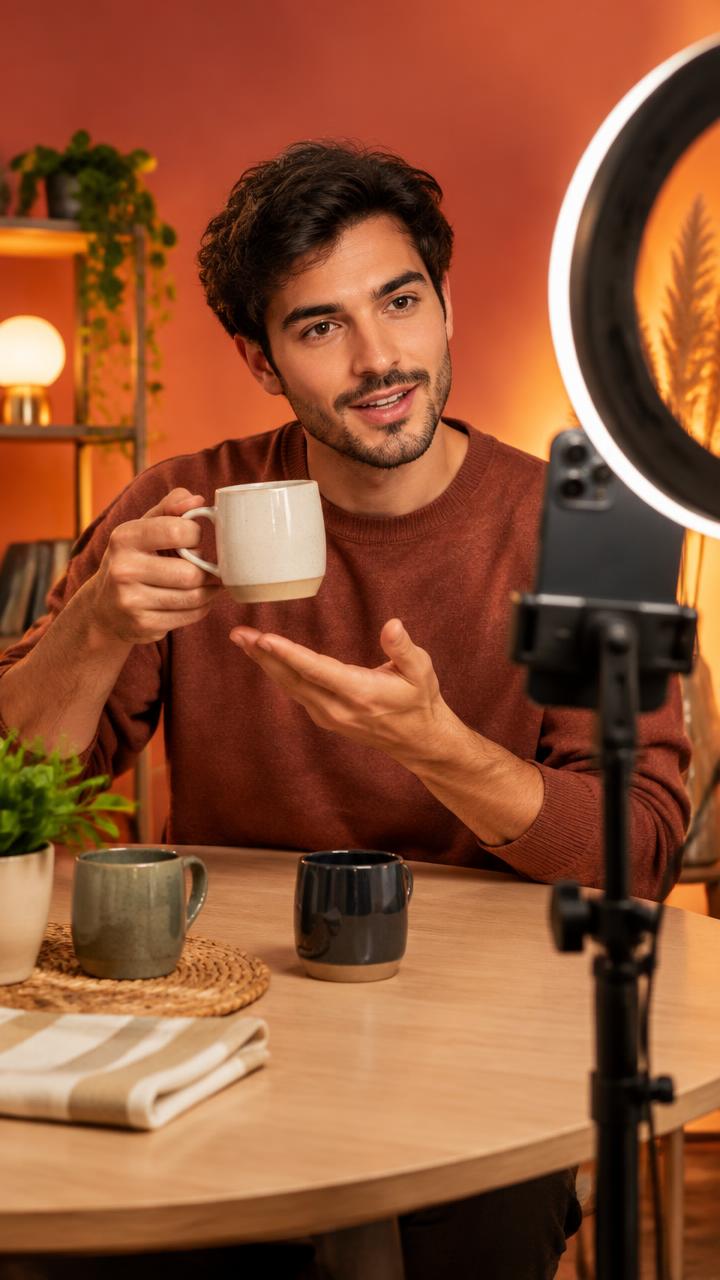 Illustrative LIVE shopping host presenting a product